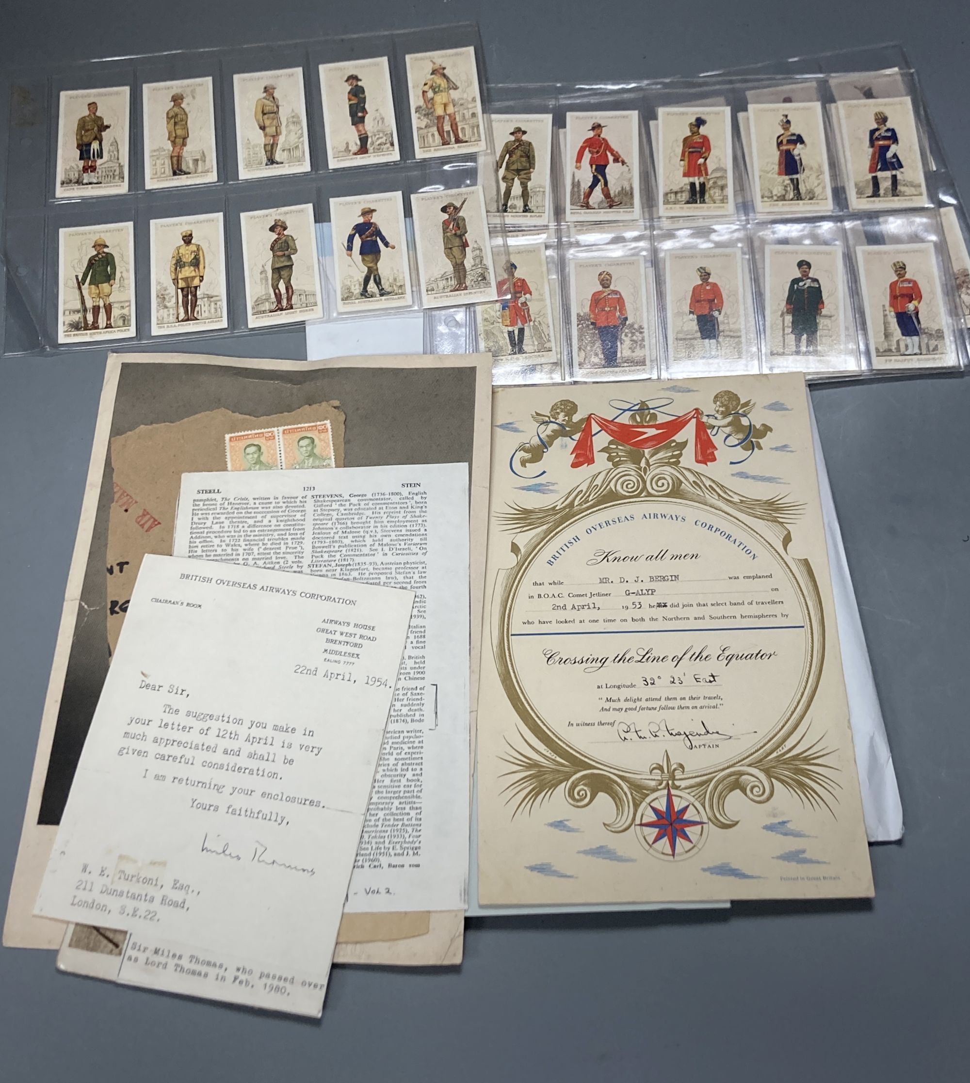 A quantity of ephemera including cigarette cards, Players Cigarettes 1938 numbered 1 - 46, Military Uniforms of the British Empire Ove